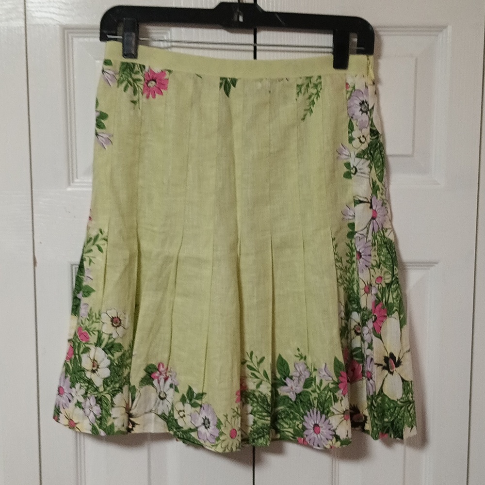 Anne Taylor Loft Pleated Linen Yellow Floral Skirt